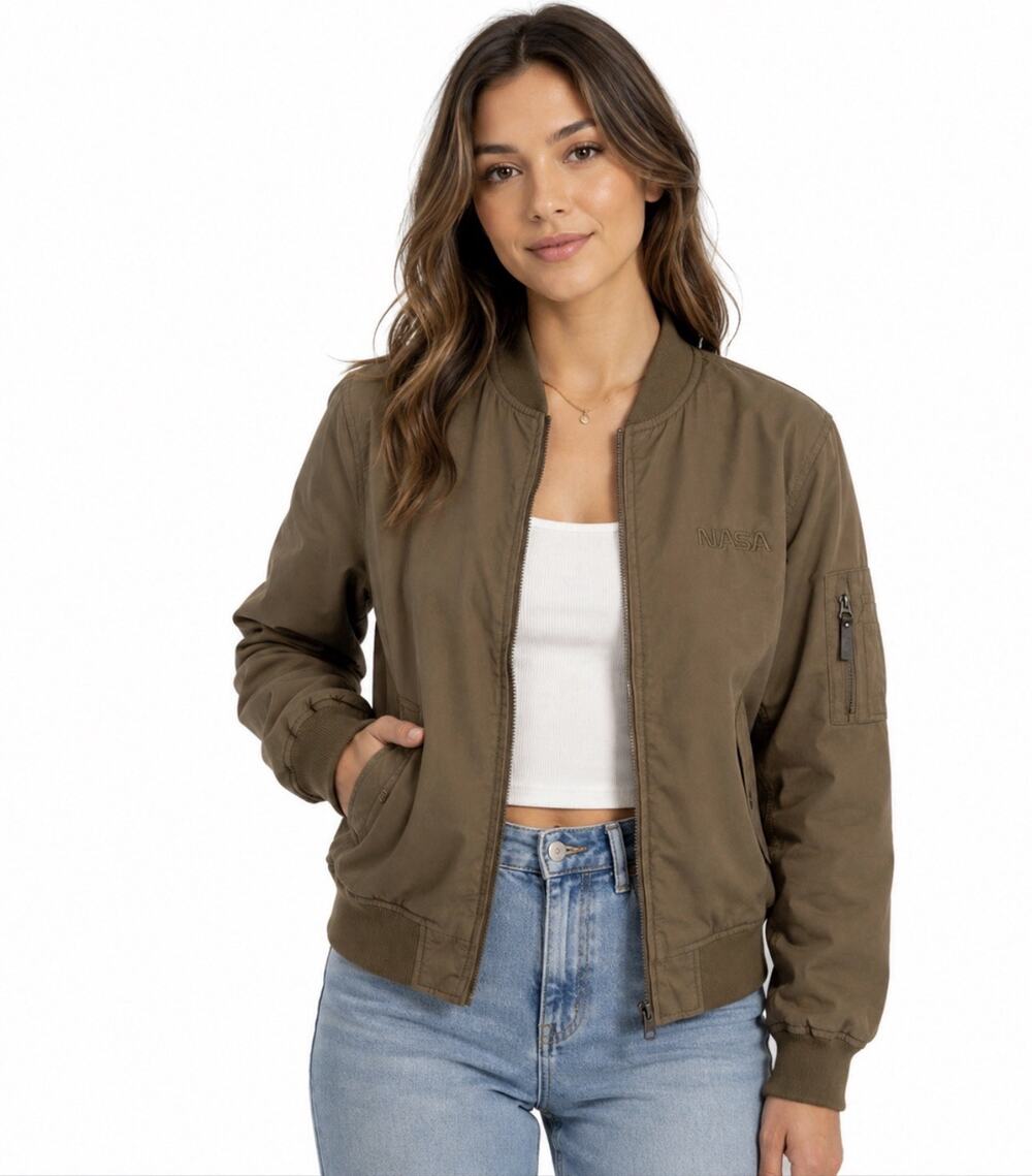 Nasa QLZ Young Design Brown Bomber Jacket Size 10 Cotton Zip Utility Casual